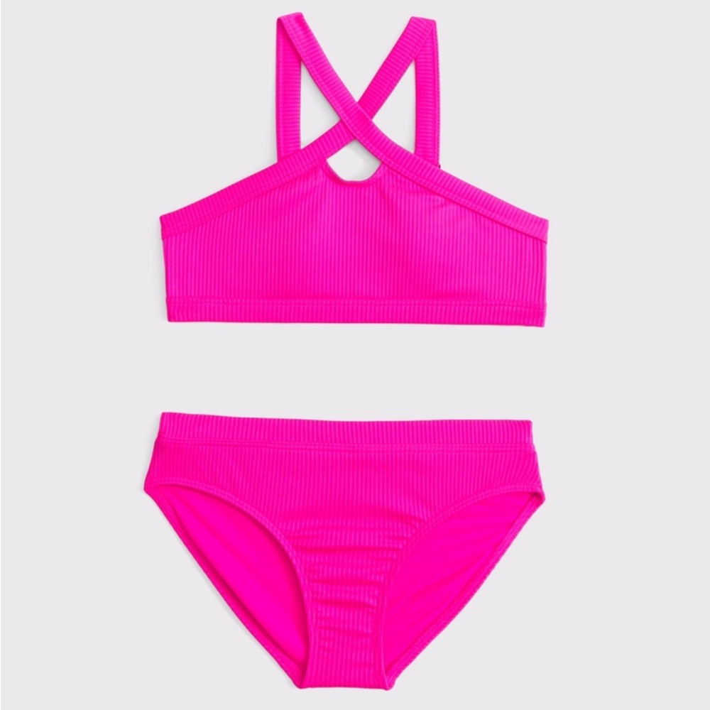 Abercrombie Girl’s High Neck Keyhole Two Piece Swimsuit Vibrant Pink Bikini Set